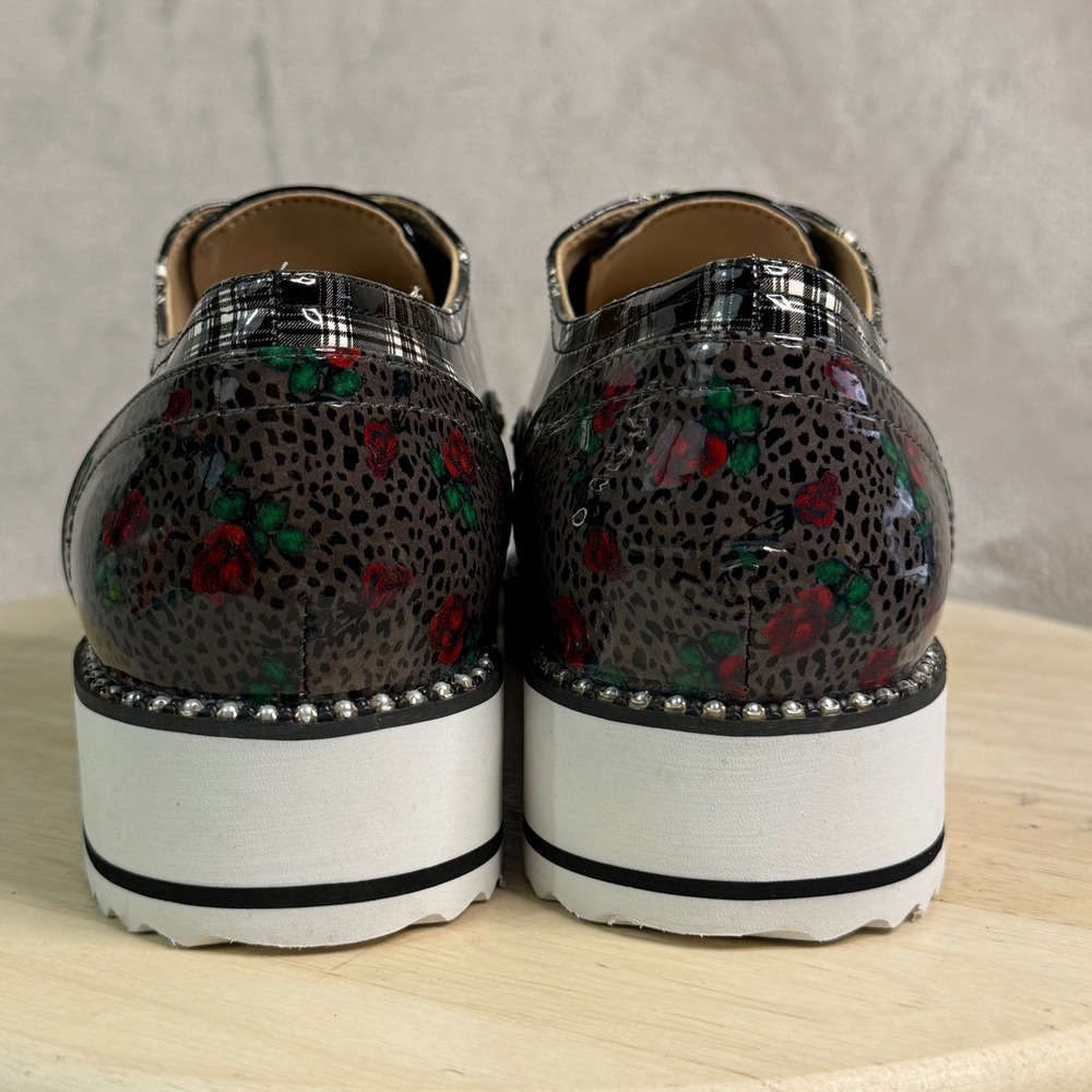 Betsey Johnson T-Nona Heart Plaid Patent Leather Platform Oxfords Black Red 10M - Picture 5 of 16